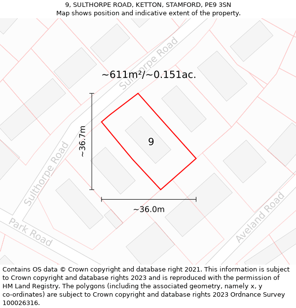 9, SULTHORPE ROAD, KETTON, STAMFORD, PE9 3SN: Plot and title map