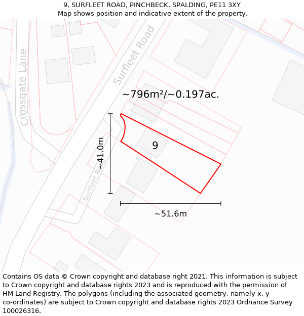 9, SURFLEET ROAD, PINCHBECK, SPALDING, PE11 3XY: Plot and title map