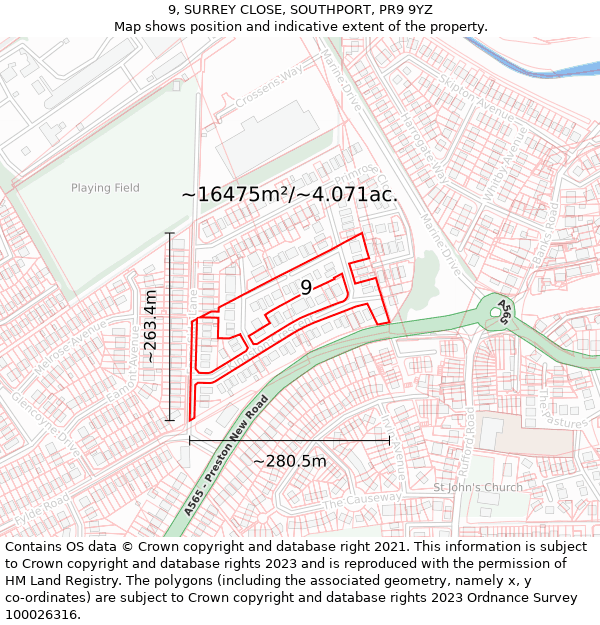 9, SURREY CLOSE, SOUTHPORT, PR9 9YZ: Plot and title map