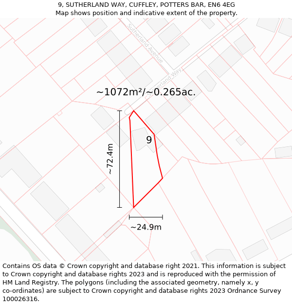 9, SUTHERLAND WAY, CUFFLEY, POTTERS BAR, EN6 4EG: Plot and title map