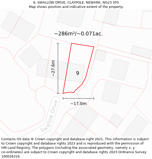 9, SWALLOW DRIVE, CLAYPOLE, NEWARK, NG23 5FG: Plot and title map