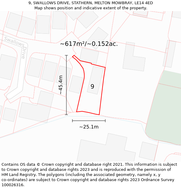 9, SWALLOWS DRIVE, STATHERN, MELTON MOWBRAY, LE14 4ED: Plot and title map