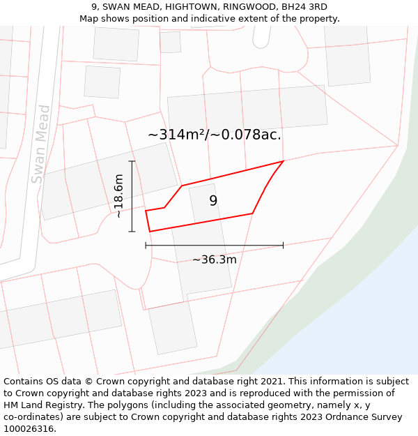 9, SWAN MEAD, HIGHTOWN, RINGWOOD, BH24 3RD: Plot and title map