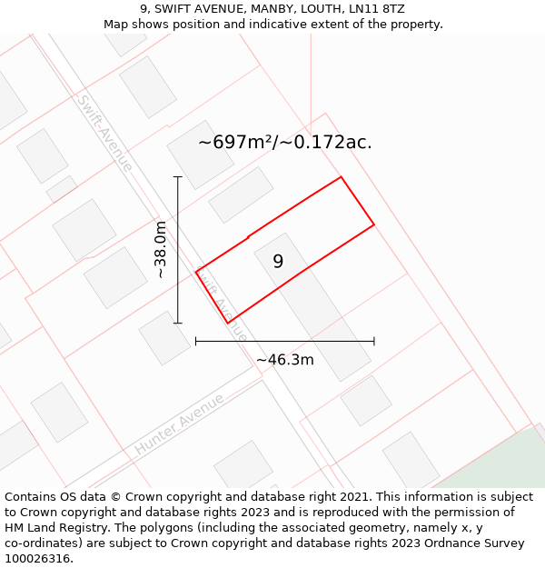 9, SWIFT AVENUE, MANBY, LOUTH, LN11 8TZ: Plot and title map