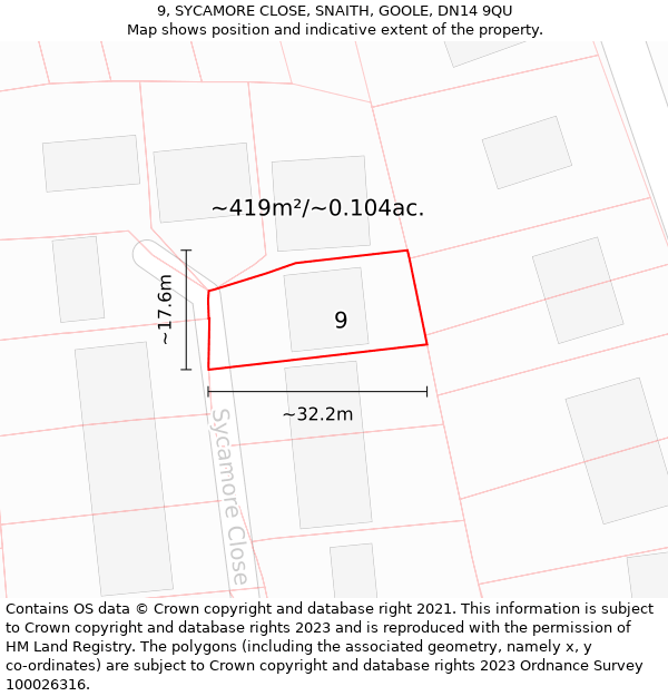 9, SYCAMORE CLOSE, SNAITH, GOOLE, DN14 9QU: Plot and title map