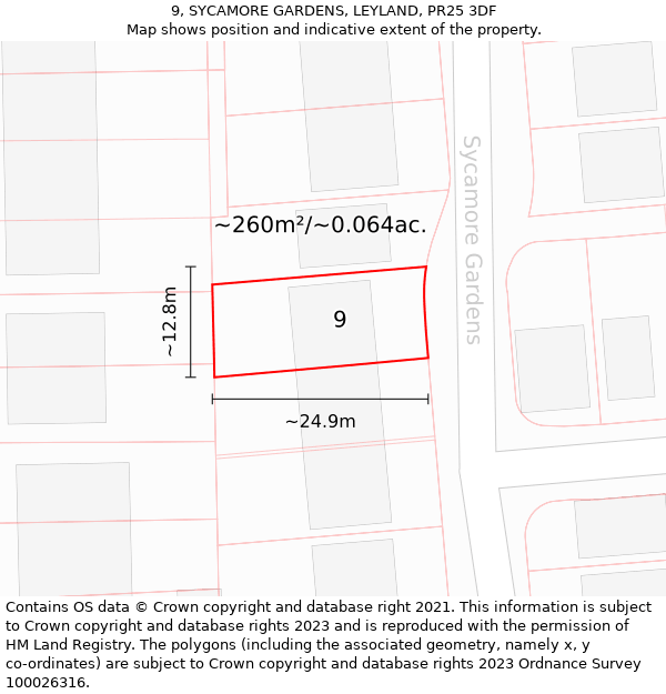 9, SYCAMORE GARDENS, LEYLAND, PR25 3DF: Plot and title map