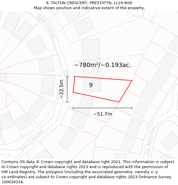 9, TALTON CRESCENT, PRESTATYN, LL19 9HD: Plot and title map