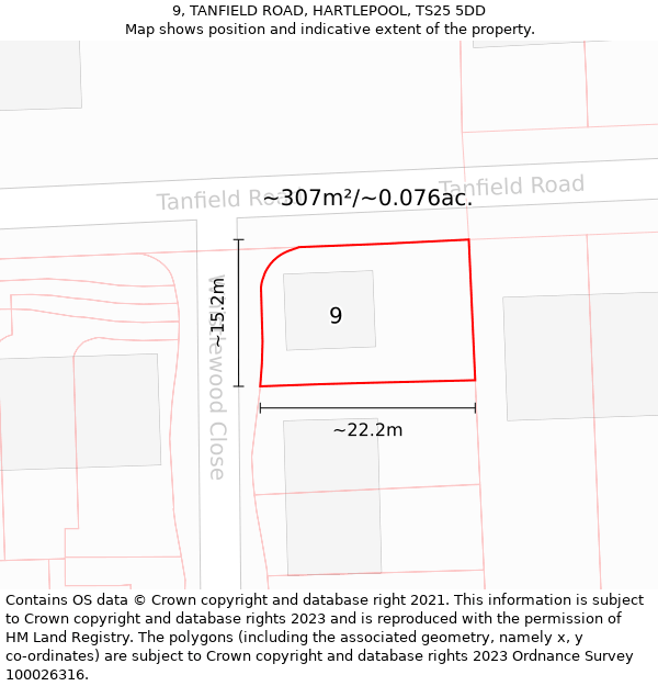 9, TANFIELD ROAD, HARTLEPOOL, TS25 5DD: Plot and title map