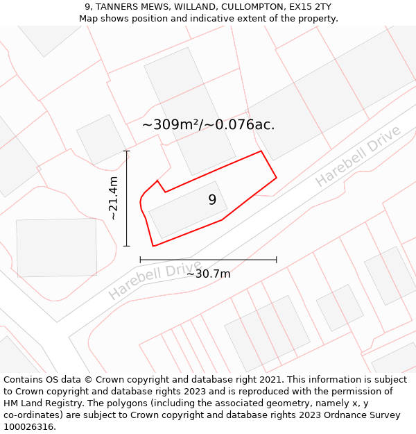 9, TANNERS MEWS, WILLAND, CULLOMPTON, EX15 2TY: Plot and title map