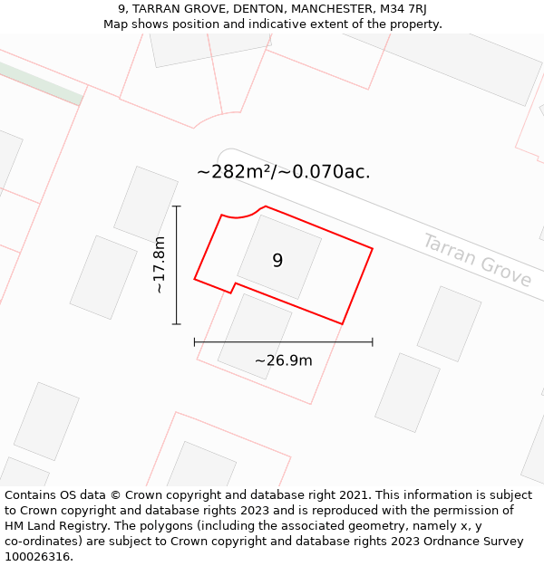 9, TARRAN GROVE, DENTON, MANCHESTER, M34 7RJ: Plot and title map