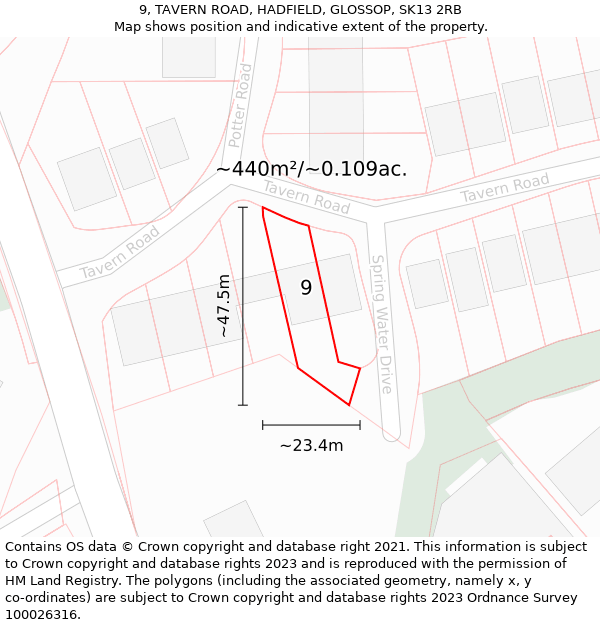9, TAVERN ROAD, HADFIELD, GLOSSOP, SK13 2RB: Plot and title map