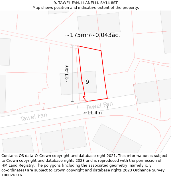 9, TAWEL FAN, LLANELLI, SA14 8ST: Plot and title map