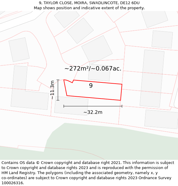 9, TAYLOR CLOSE, MOIRA, SWADLINCOTE, DE12 6DU: Plot and title map