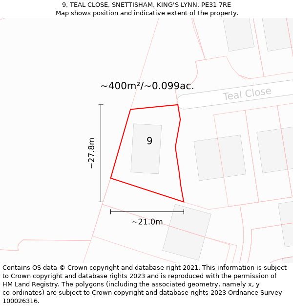 9, TEAL CLOSE, SNETTISHAM, KING'S LYNN, PE31 7RE: Plot and title map