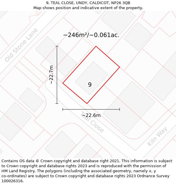 9, TEAL CLOSE, UNDY, CALDICOT, NP26 3QB: Plot and title map