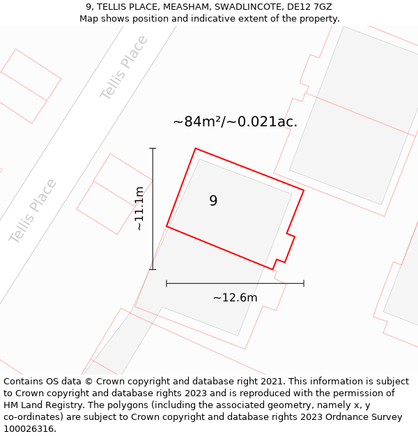 9, TELLIS PLACE, MEASHAM, SWADLINCOTE, DE12 7GZ: Plot and title map