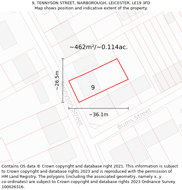 9, TENNYSON STREET, NARBOROUGH, LEICESTER, LE19 3FD: Plot and title map