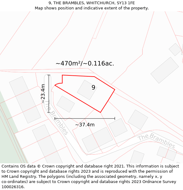 9, THE BRAMBLES, WHITCHURCH, SY13 1FE: Plot and title map