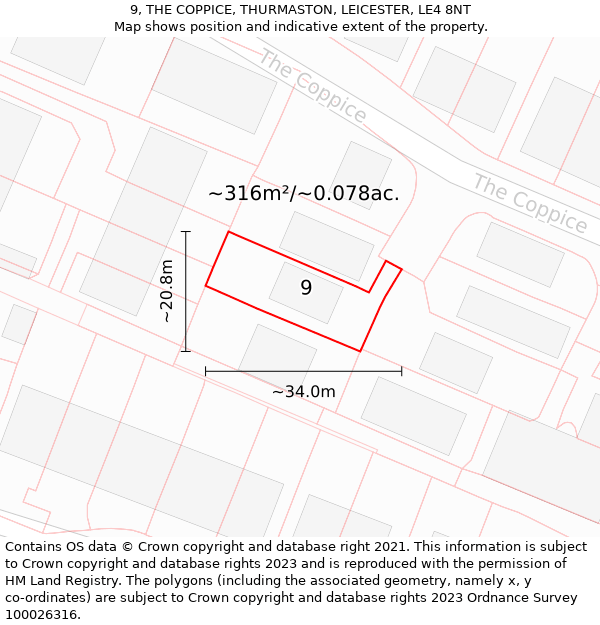 9, THE COPPICE, THURMASTON, LEICESTER, LE4 8NT: Plot and title map