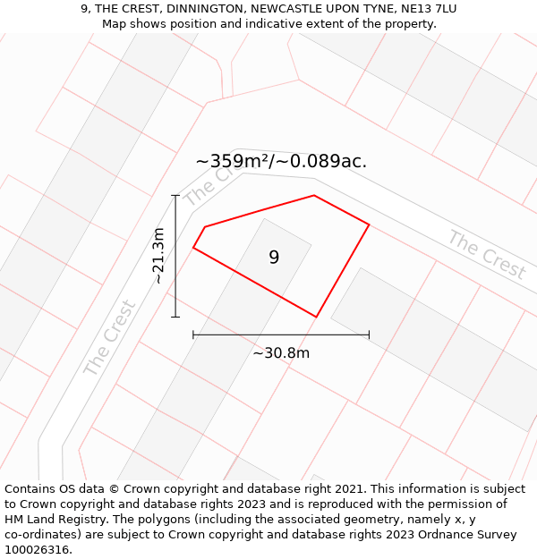 9, THE CREST, DINNINGTON, NEWCASTLE UPON TYNE, NE13 7LU: Plot and title map