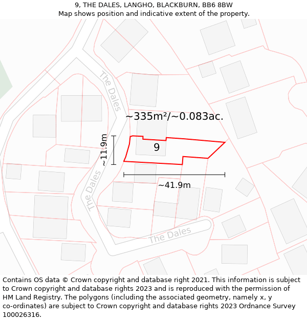 9, THE DALES, LANGHO, BLACKBURN, BB6 8BW: Plot and title map