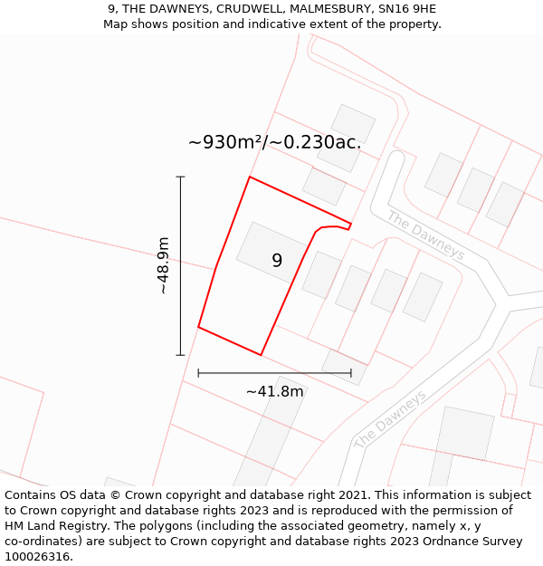 9, THE DAWNEYS, CRUDWELL, MALMESBURY, SN16 9HE: Plot and title map