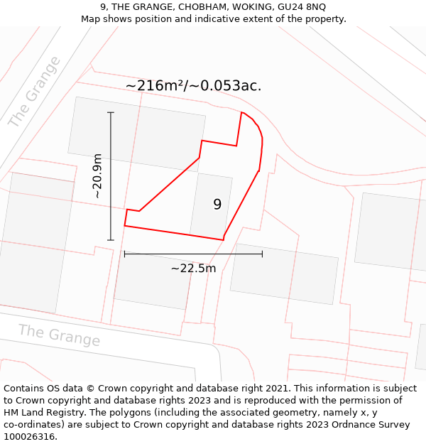 9, THE GRANGE, CHOBHAM, WOKING, GU24 8NQ: Plot and title map