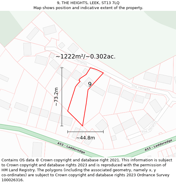 9, THE HEIGHTS, LEEK, ST13 7LQ: Plot and title map