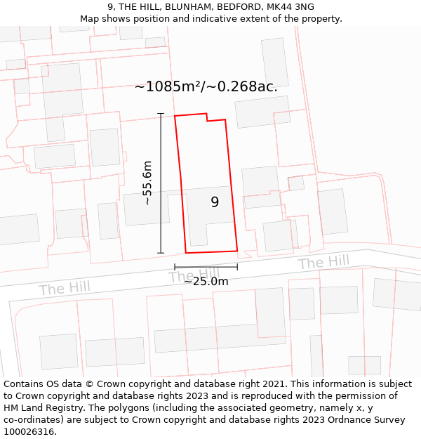 9, THE HILL, BLUNHAM, BEDFORD, MK44 3NG: Plot and title map