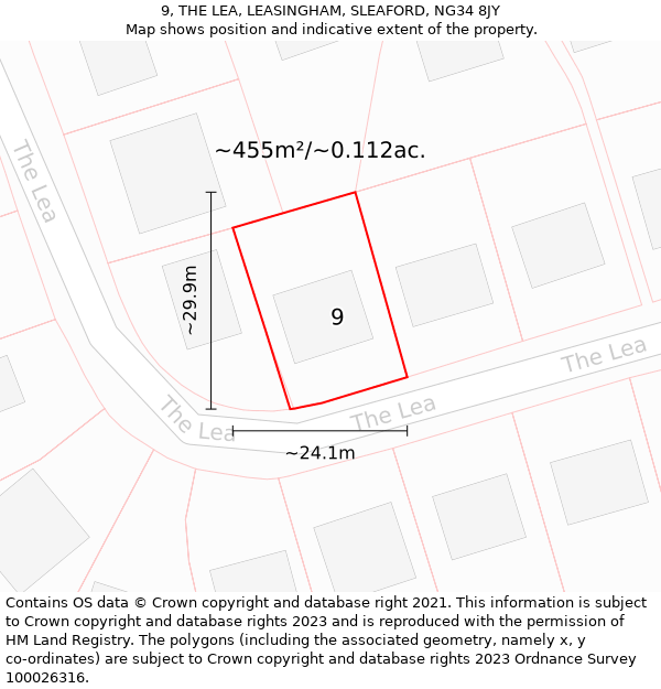 9, THE LEA, LEASINGHAM, SLEAFORD, NG34 8JY: Plot and title map