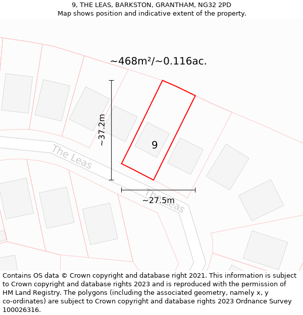 9, THE LEAS, BARKSTON, GRANTHAM, NG32 2PD: Plot and title map