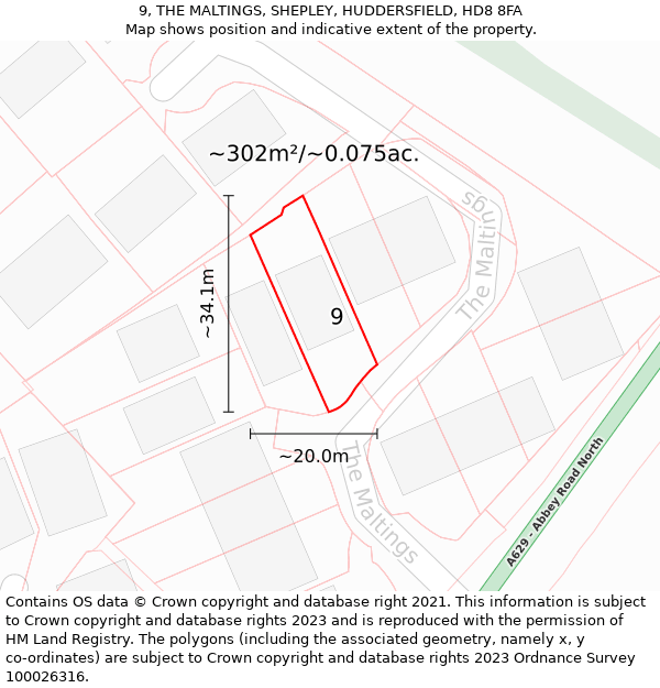 9, THE MALTINGS, SHEPLEY, HUDDERSFIELD, HD8 8FA: Plot and title map