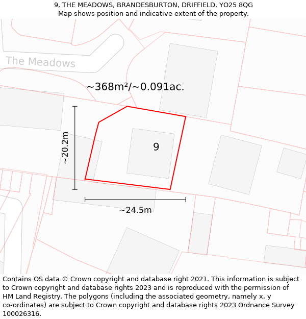 9, THE MEADOWS, BRANDESBURTON, DRIFFIELD, YO25 8QG: Plot and title map