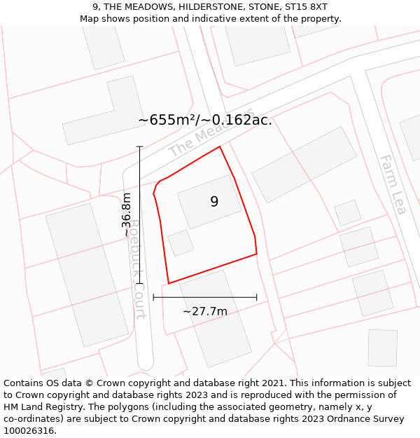 9, THE MEADOWS, HILDERSTONE, STONE, ST15 8XT: Plot and title map