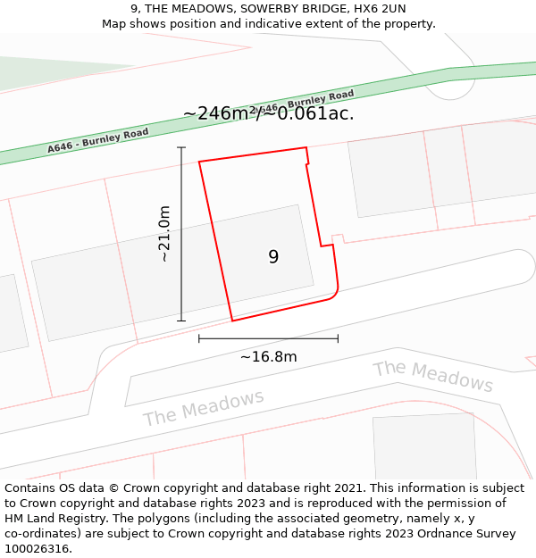 9, THE MEADOWS, SOWERBY BRIDGE, HX6 2UN: Plot and title map