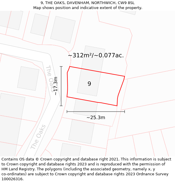 9, THE OAKS, DAVENHAM, NORTHWICH, CW9 8SL: Plot and title map