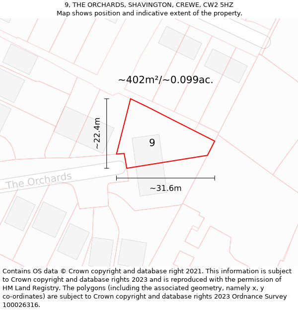 9, THE ORCHARDS, SHAVINGTON, CREWE, CW2 5HZ: Plot and title map