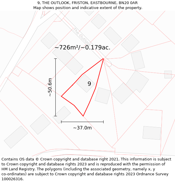 9, THE OUTLOOK, FRISTON, EASTBOURNE, BN20 0AR: Plot and title map