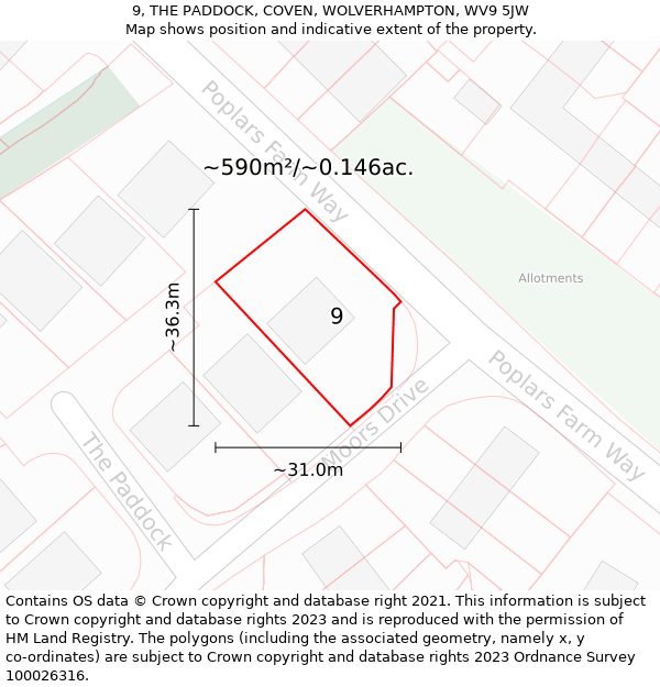 9, THE PADDOCK, COVEN, WOLVERHAMPTON, WV9 5JW: Plot and title map