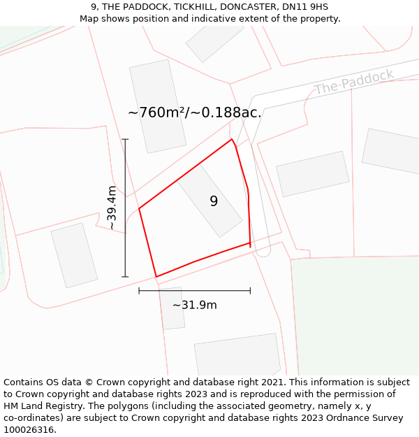 9, THE PADDOCK, TICKHILL, DONCASTER, DN11 9HS: Plot and title map