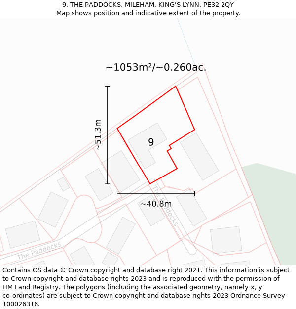 9, THE PADDOCKS, MILEHAM, KING'S LYNN, PE32 2QY: Plot and title map