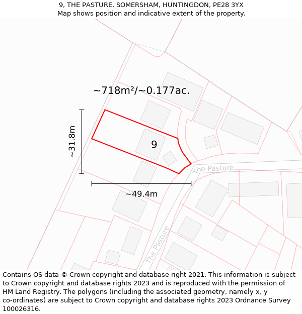 9, THE PASTURE, SOMERSHAM, HUNTINGDON, PE28 3YX: Plot and title map