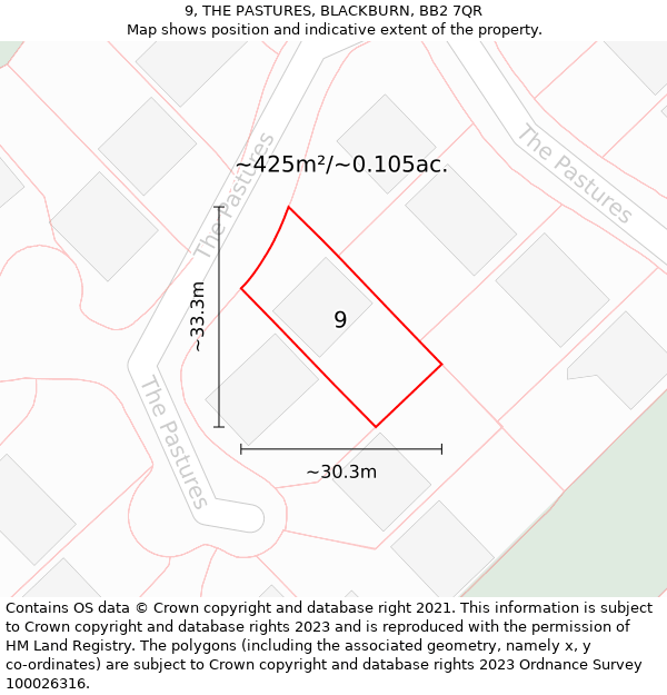 9, THE PASTURES, BLACKBURN, BB2 7QR: Plot and title map