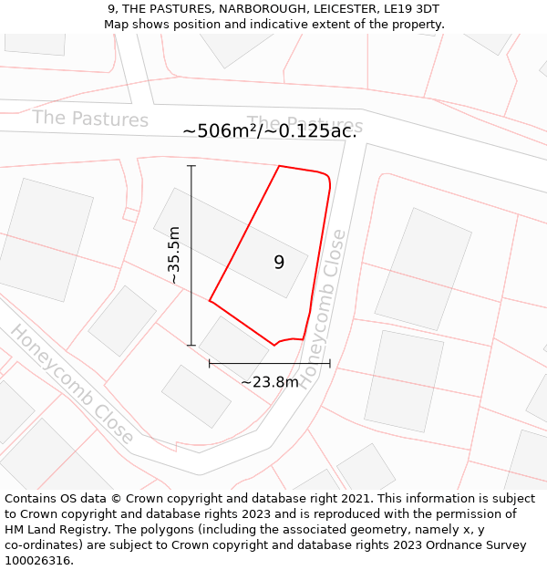 9, THE PASTURES, NARBOROUGH, LEICESTER, LE19 3DT: Plot and title map