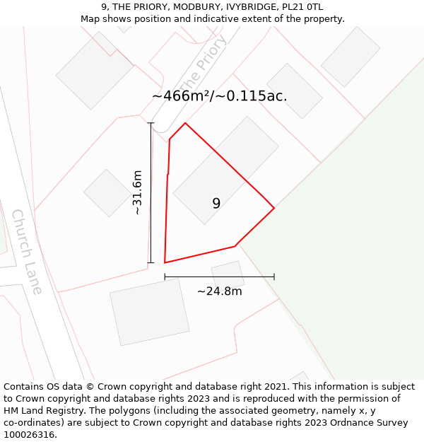 9, THE PRIORY, MODBURY, IVYBRIDGE, PL21 0TL: Plot and title map