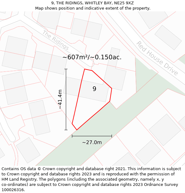 9, THE RIDINGS, WHITLEY BAY, NE25 9XZ: Plot and title map