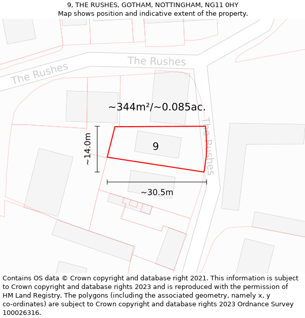 9, THE RUSHES, GOTHAM, NOTTINGHAM, NG11 0HY: Plot and title map