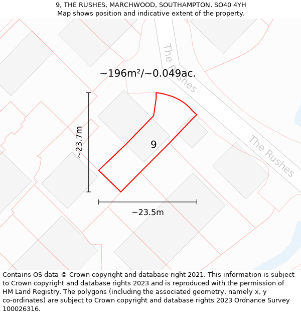 9, THE RUSHES, MARCHWOOD, SOUTHAMPTON, SO40 4YH: Plot and title map