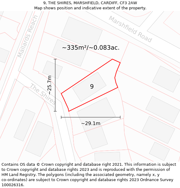 9, THE SHIRES, MARSHFIELD, CARDIFF, CF3 2AW: Plot and title map