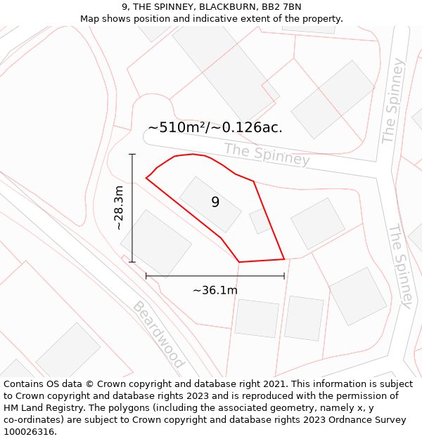 9, THE SPINNEY, BLACKBURN, BB2 7BN: Plot and title map